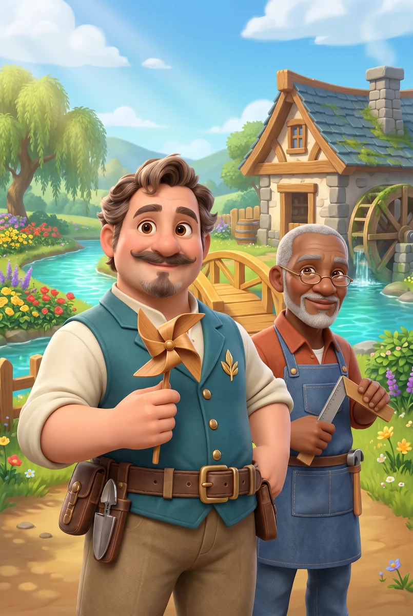 Rowan and a fellow gardener beside a sunny stream and garden cottage